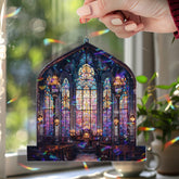 Cathedral Acrylic Suncatcher, Stained Glass Style Church Window Panel with Cross, Gothic Arched Design, Christian Religious Home Decor